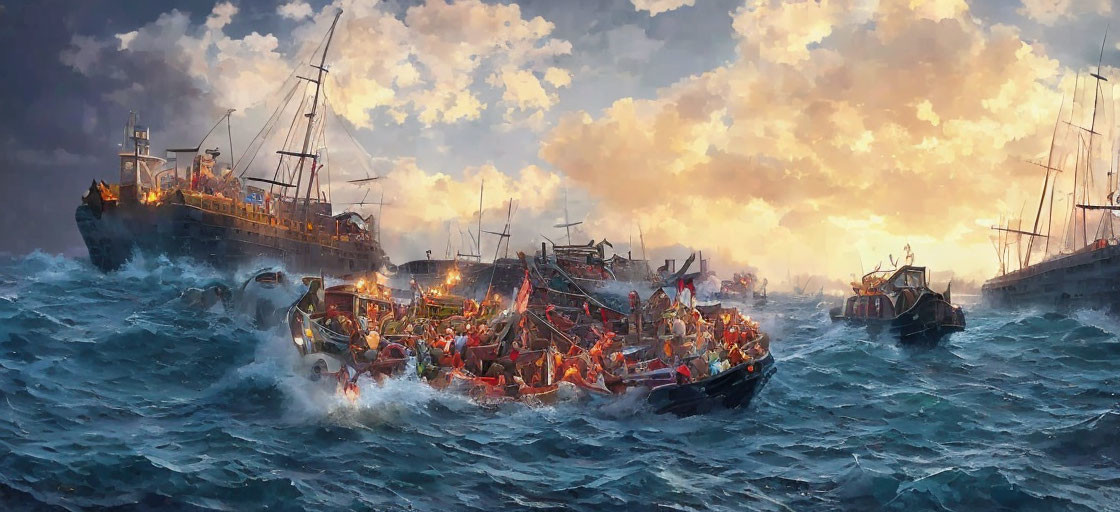 Nautical scene with ships and lifeboats in turbulent sea