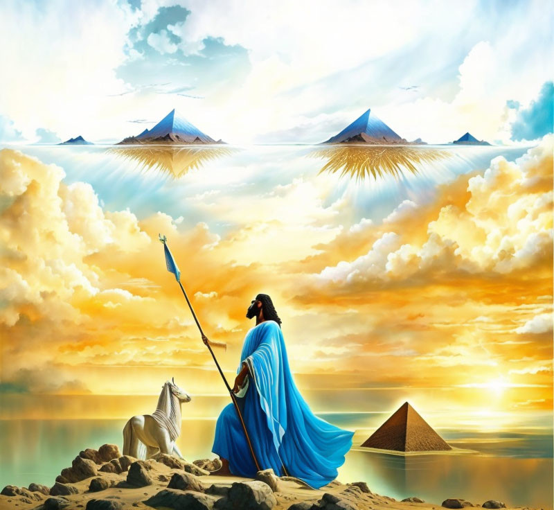 Person in Blue Cloak with Spear and White Horse Gazing at Pyramids on Floating Islands