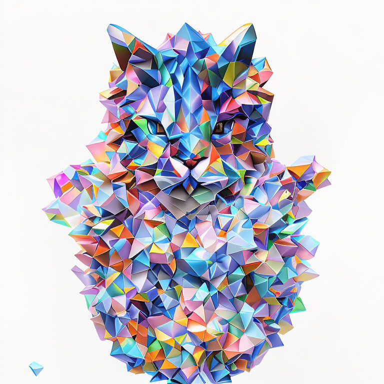 Vibrant geometric digital artwork of a colorful cat head