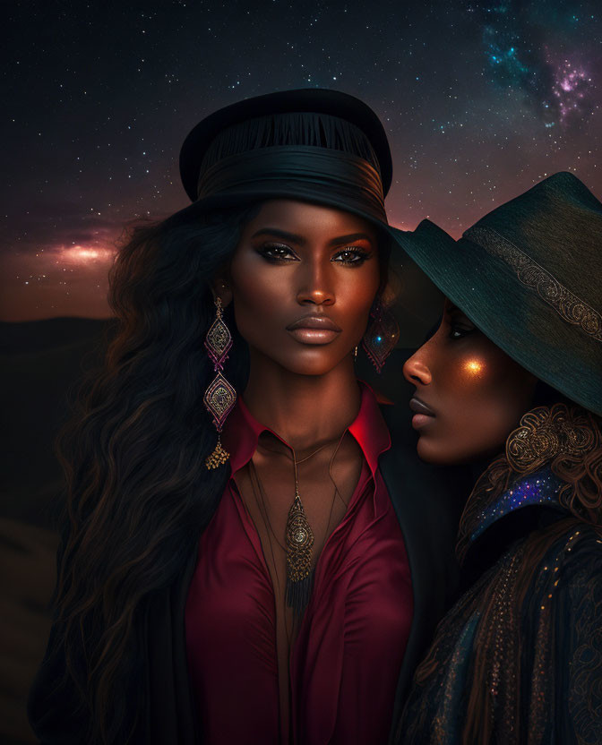 Two women in elegant attire and hats under starry night sky with intricate jewelry.