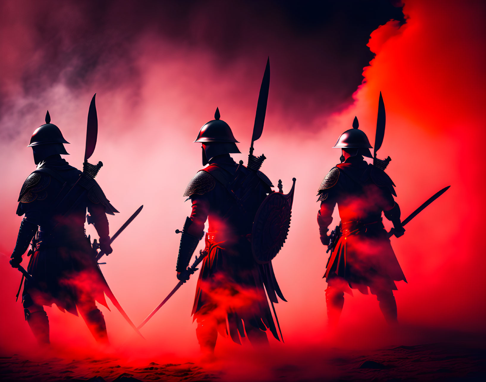 Medieval knights in armor with swords and shields on red and black smoky backdrop