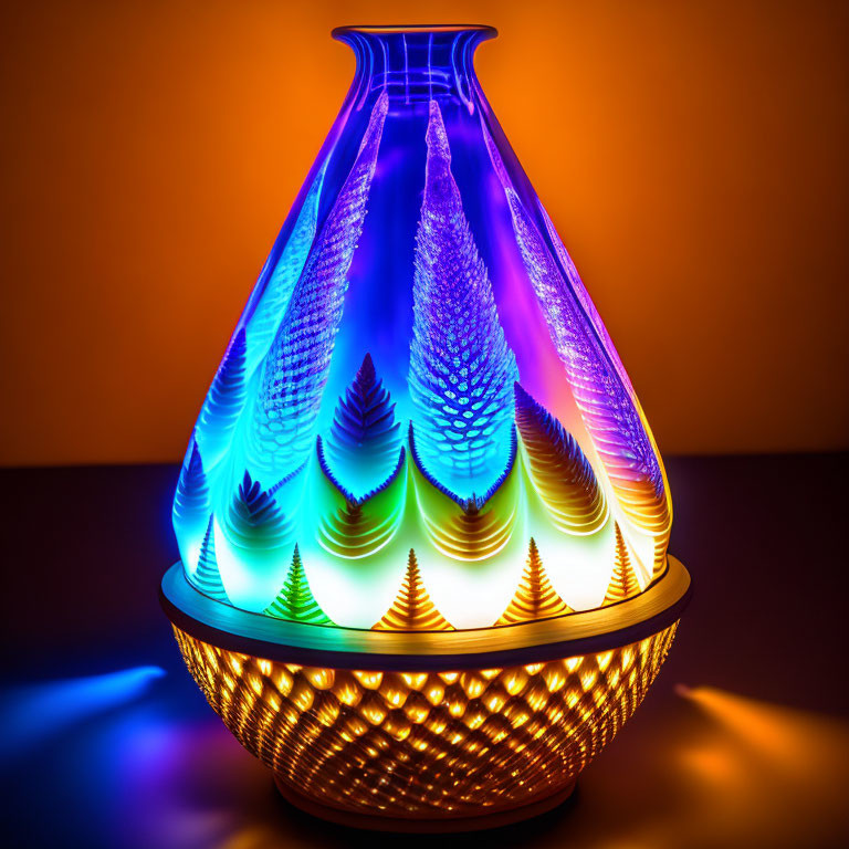 Color-changing LED lamp with pine cone design on basket-like base casting warm glow on gradient orange background