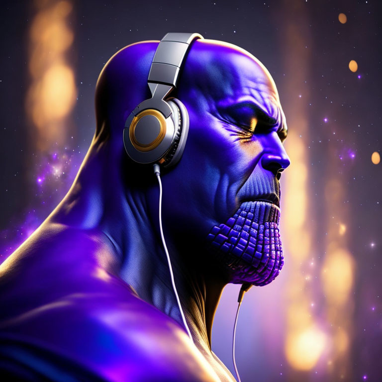 Purple Muscular Humanoid Wearing Headphones in Cosmic Scene