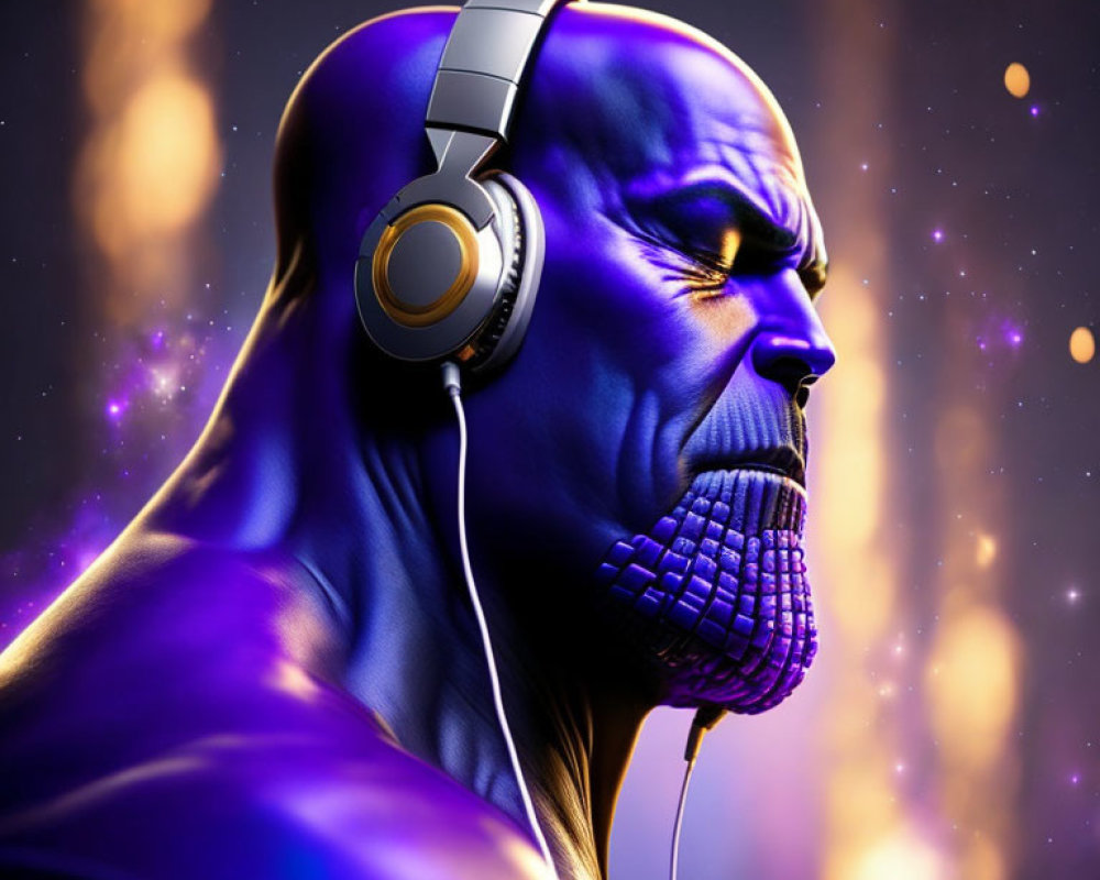 Purple Muscular Humanoid Wearing Headphones in Cosmic Scene