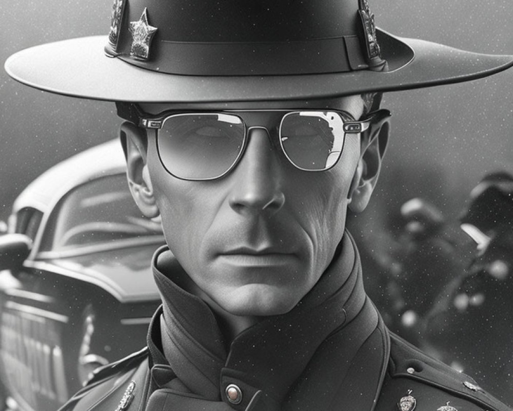 Monochrome illustration of stern officer in sunglasses and wide-brimmed hat