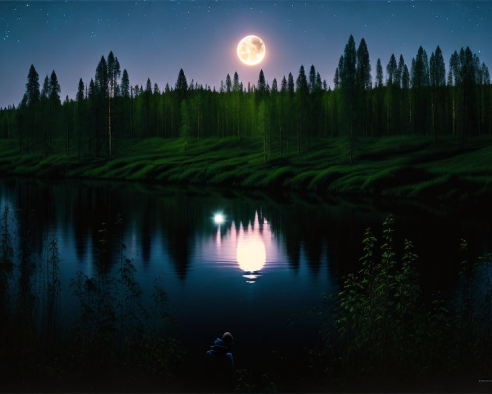 Tranquil night scene: person by lake under full moon