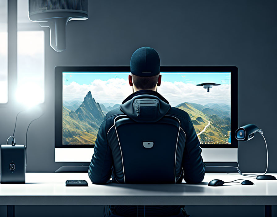 Person with cap and backpack at desk with tech gadgets and mountain landscape monitor