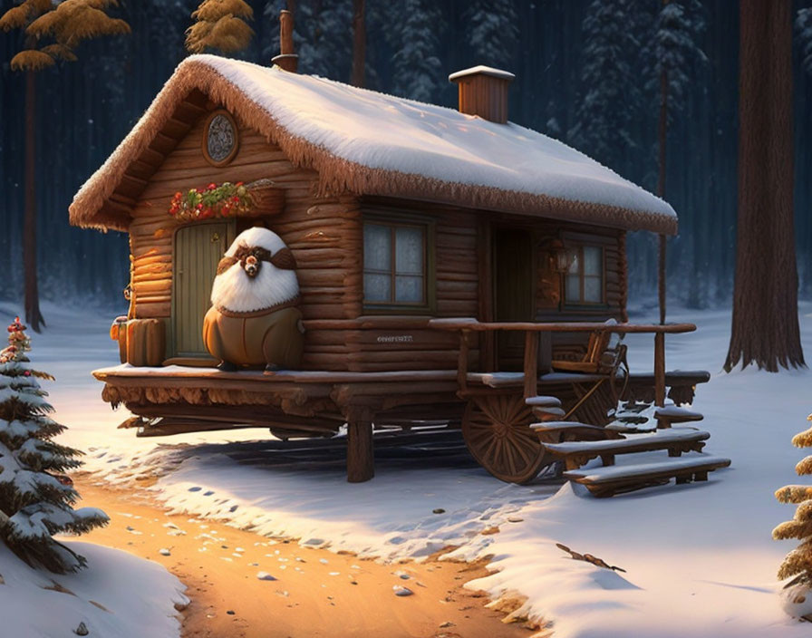 Snowy forest dusk scene: Cozy log cabin on wheels with warm light and bearded character.