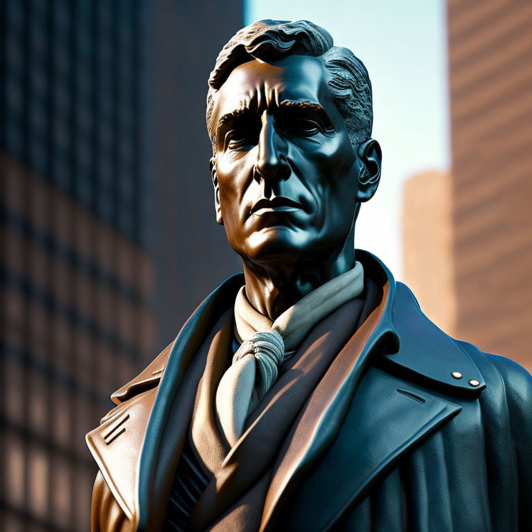 Bronze statue of stern man in coat and scarf against cityscape.