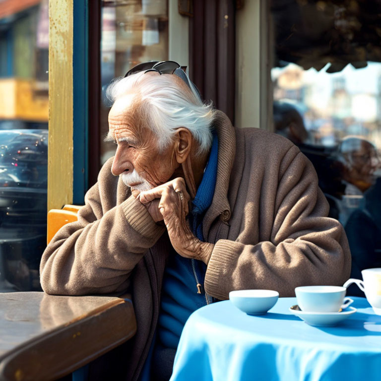 Elderly man in brown jacket gazes out cafe window with teacup