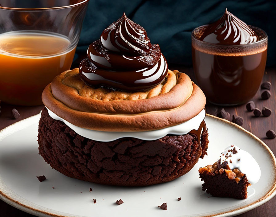 Decadent dessert with chocolate cookie base, whipped cream, soft cookie, and chocolate sauce.