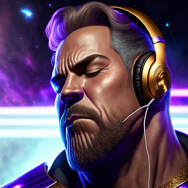 Bearded man in headphones with cosmic background