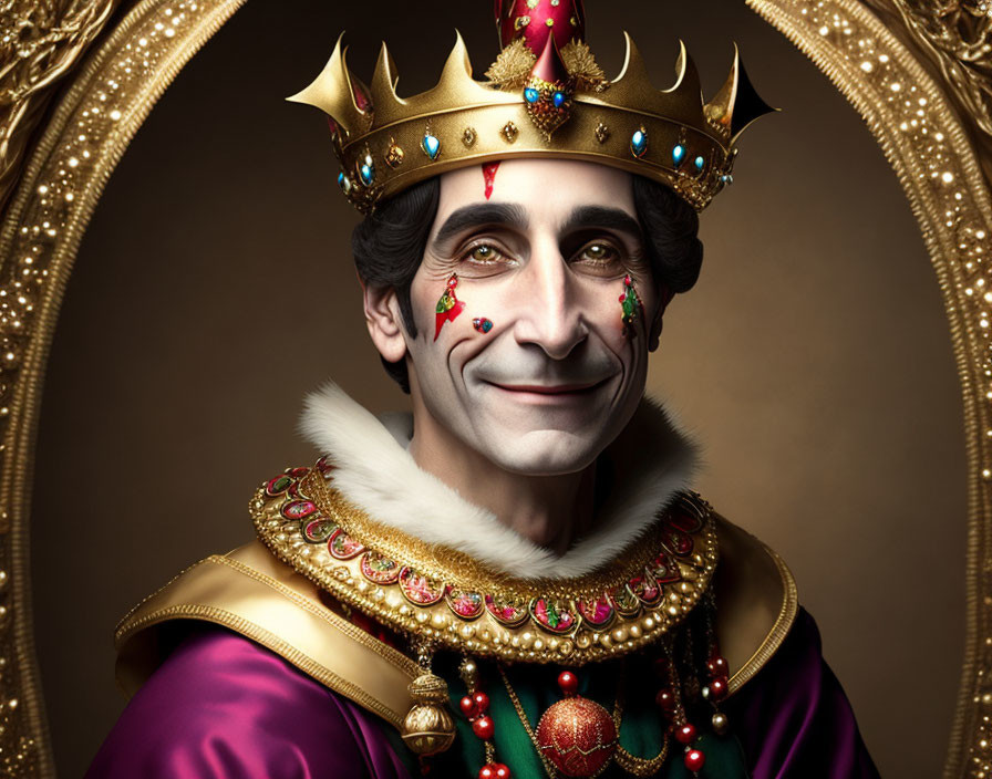 Regal person in golden crown and purple robe with fur trim smiling against classical portrait background