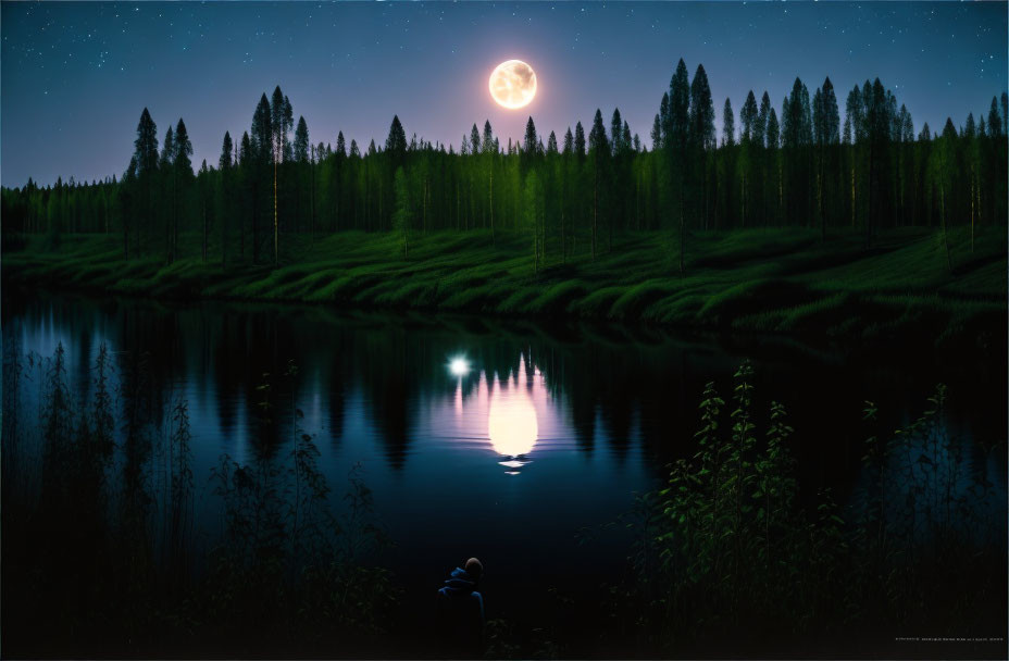 Tranquil night scene: person by lake under full moon