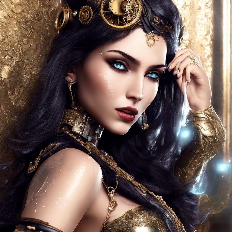 Portrait of a woman with bright blue eyes and intricate gold jewelry