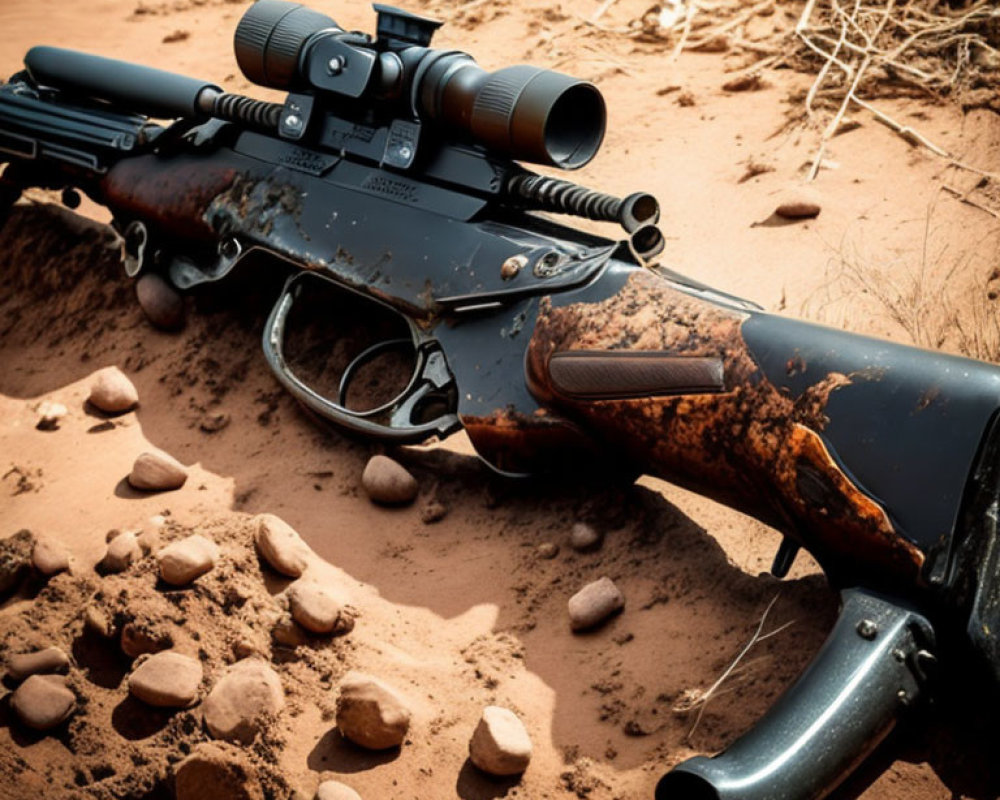 Rifle with Scope on Sandy Ground Partially Covered in Mud/Rust