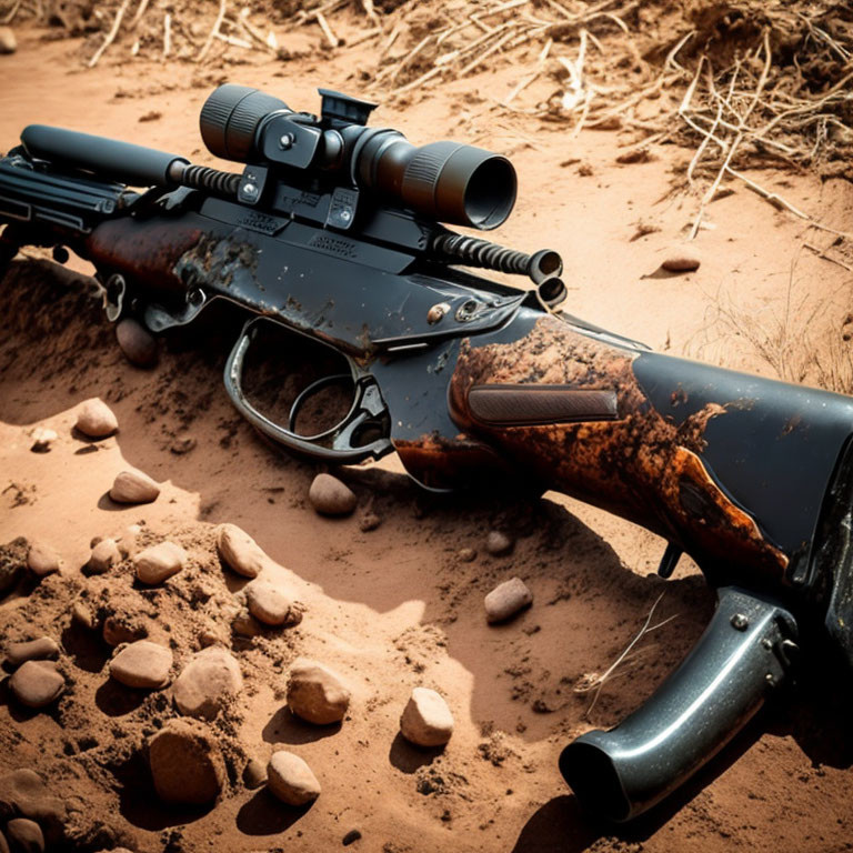 Rifle with Scope on Sandy Ground Partially Covered in Mud/Rust