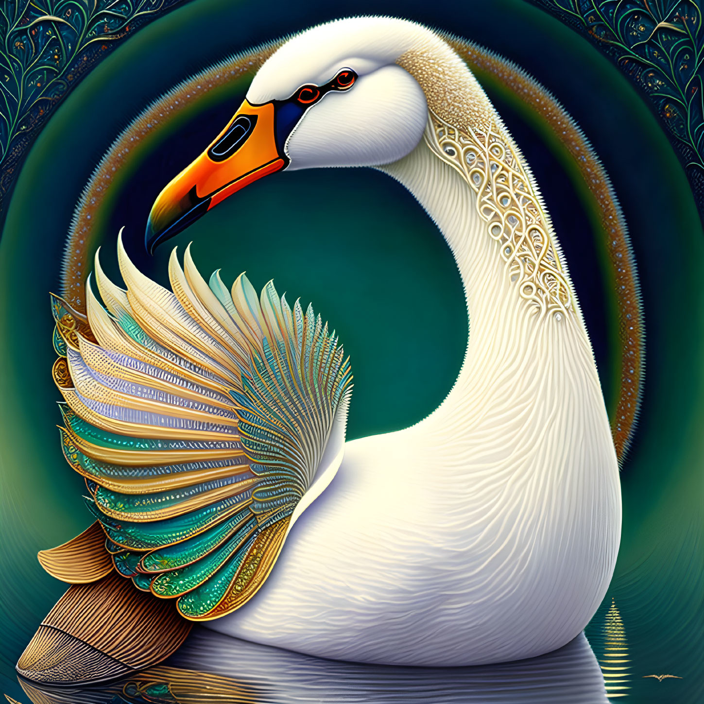 Ornate swan illustration with intricate design and rich colors