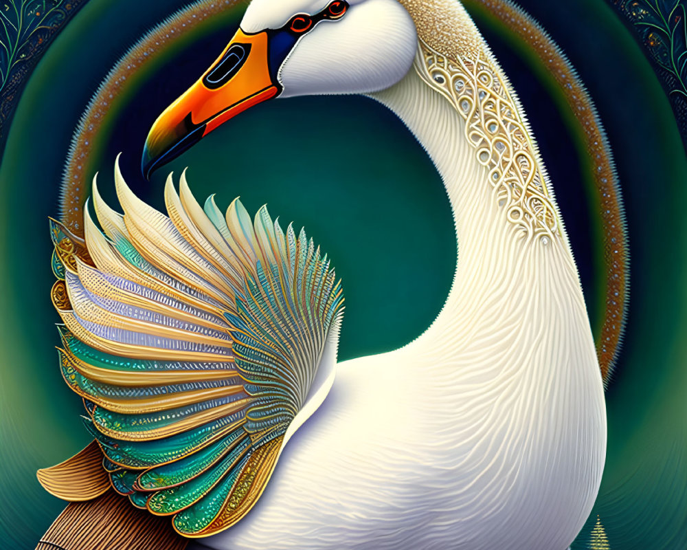 Ornate swan illustration with intricate design and rich colors