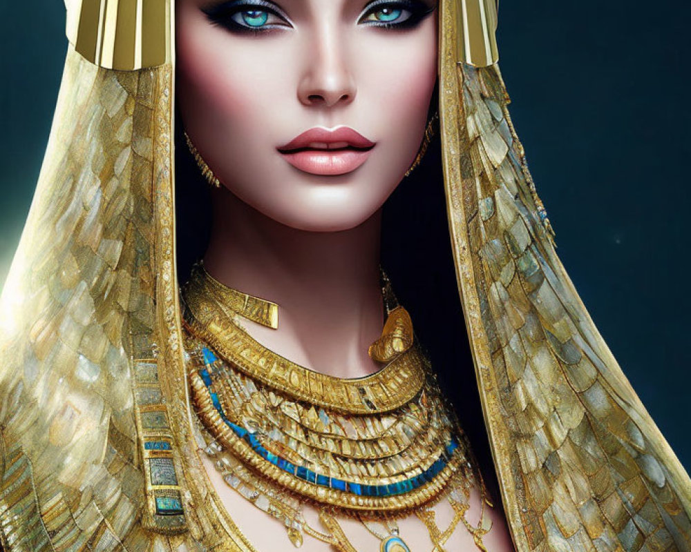 Digital artwork: Woman as Egyptian pharaoh with gold jewelry & headdress on dark background