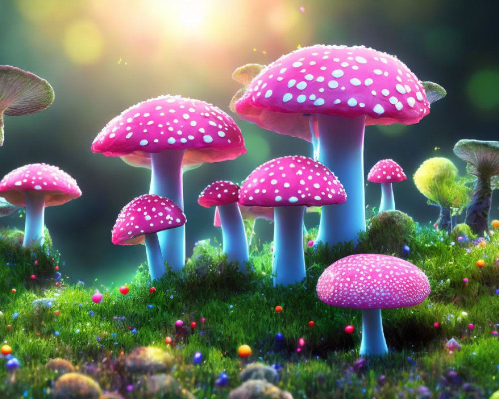 Colorful Pink-Capped Mushrooms in Enchanted Forest Glade