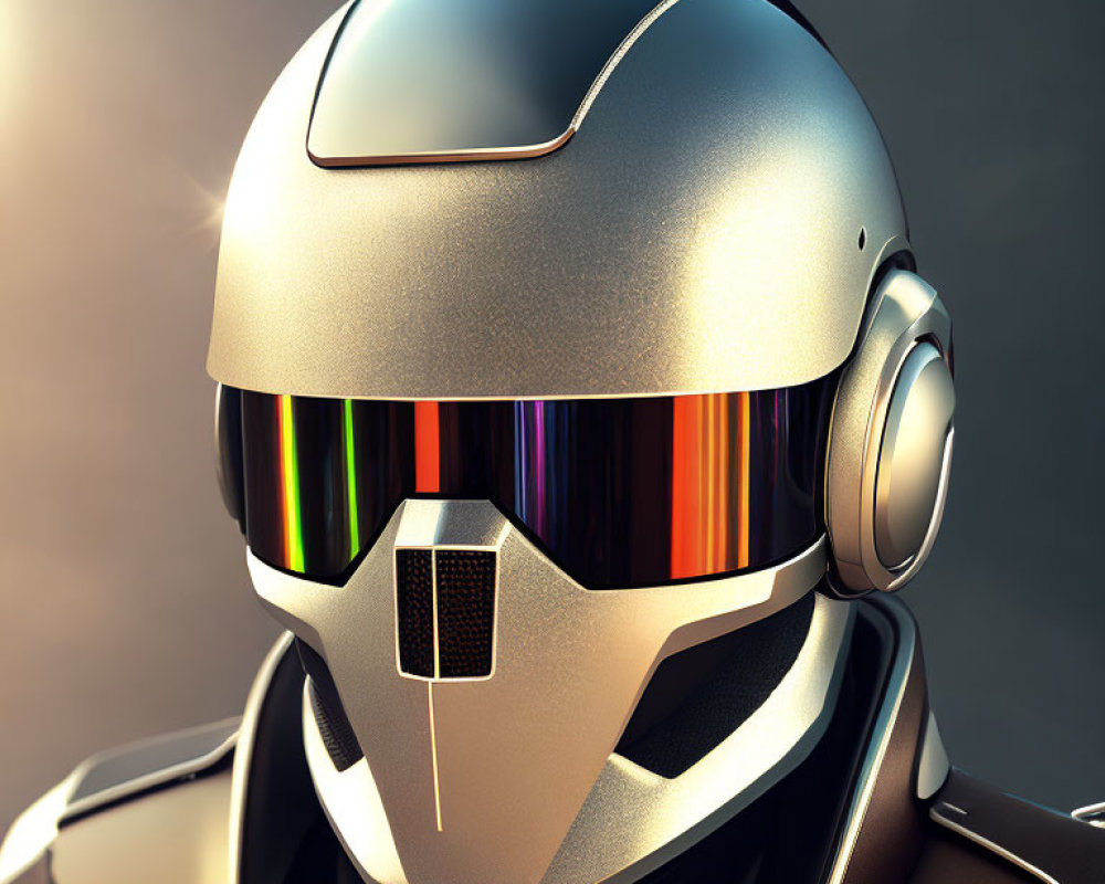 Reflective Rainbow Visor on Futuristic Metallic Helmet