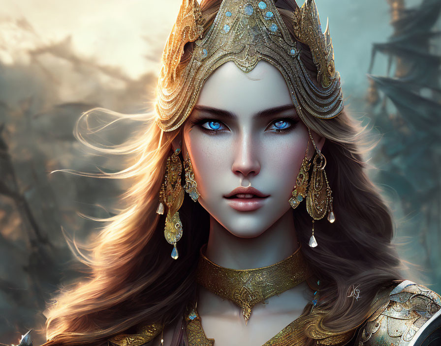 Digital portrait of woman with blue eyes, gold crown, jewelry, forest backdrop