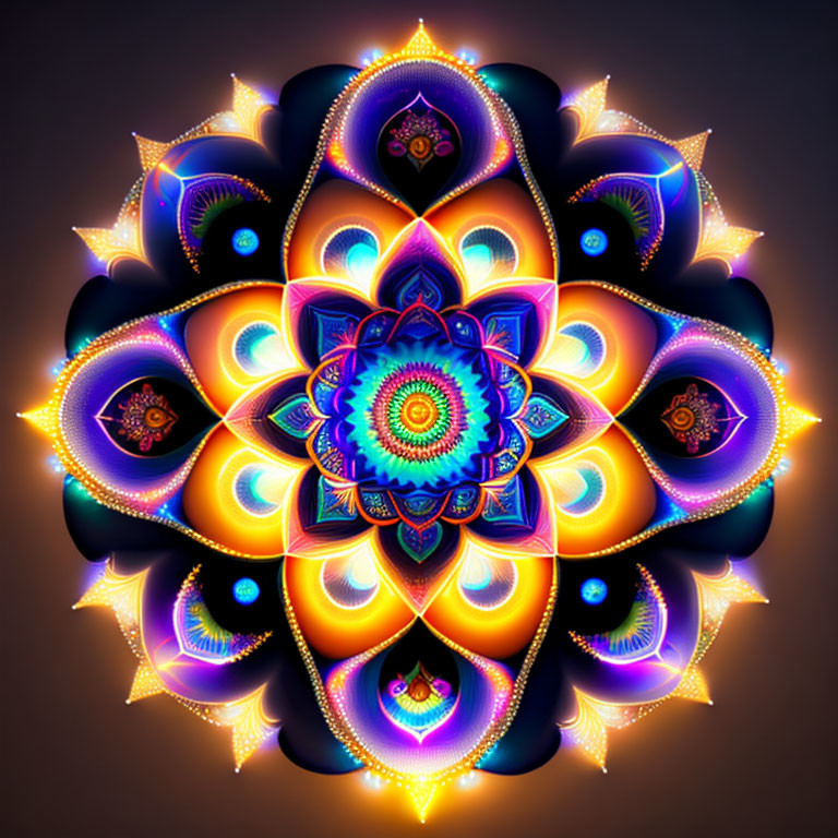 Symmetrical Neon Mandala in Vibrant Blues, Purples, and Oranges