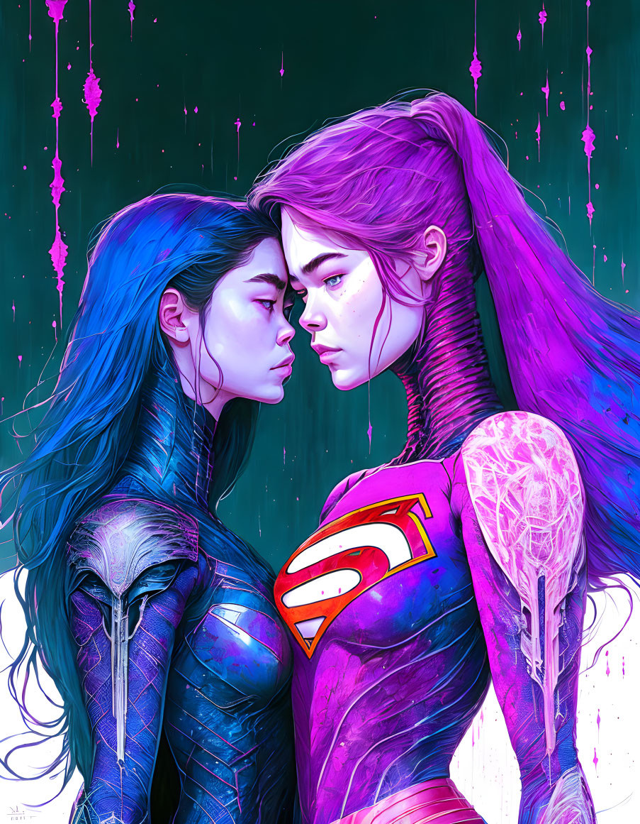 Stylized female superheroes in blue and pink suits facing each other closely