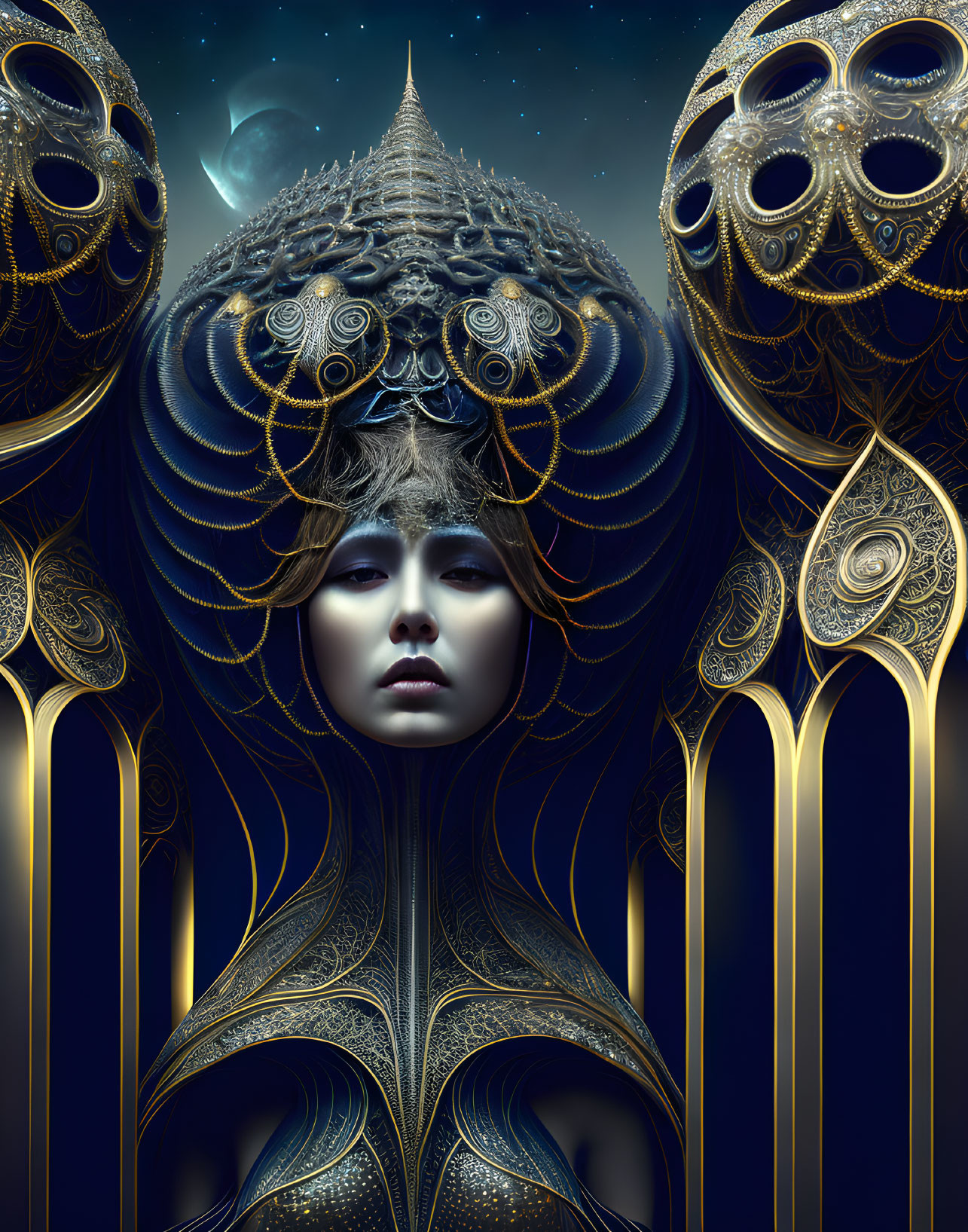 Intricate surreal portrait of a woman with golden headdress in cosmic setting