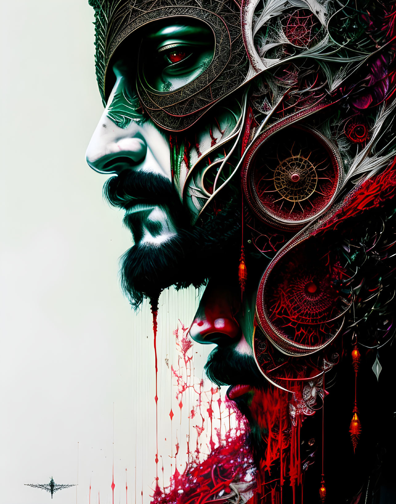 Intricate digital artwork: Bearded man's profile with ornate patterns