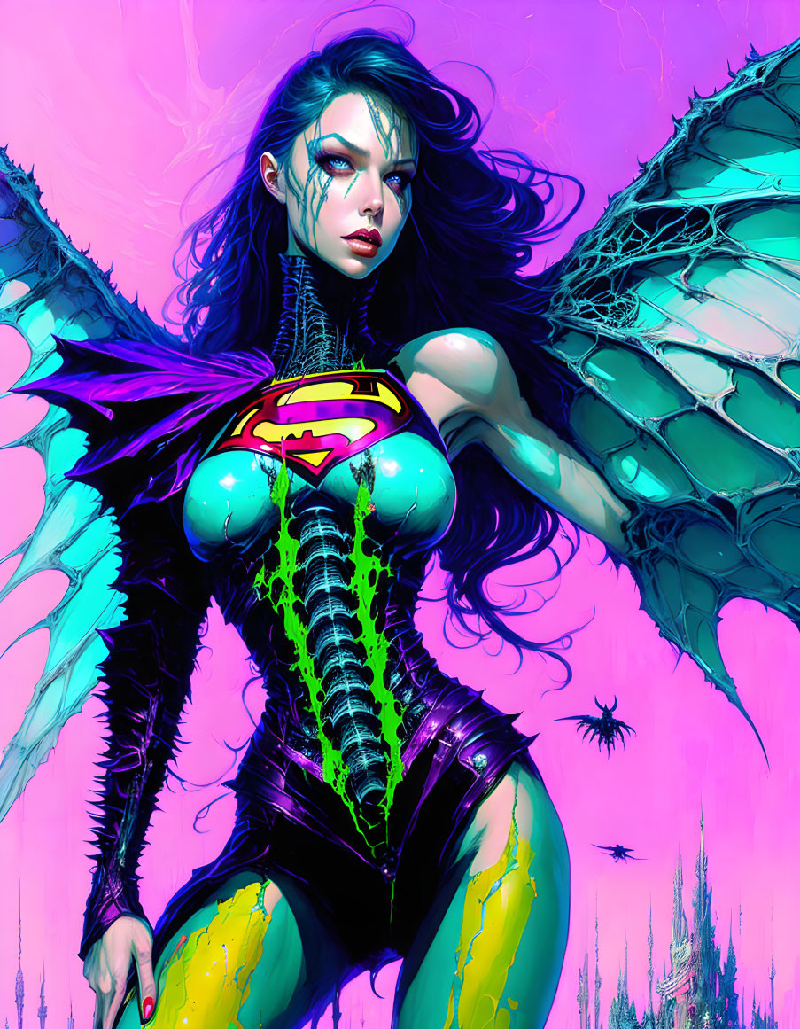 Female superhero with 'S' emblem and wing-like appendages on pink and purple backdrop