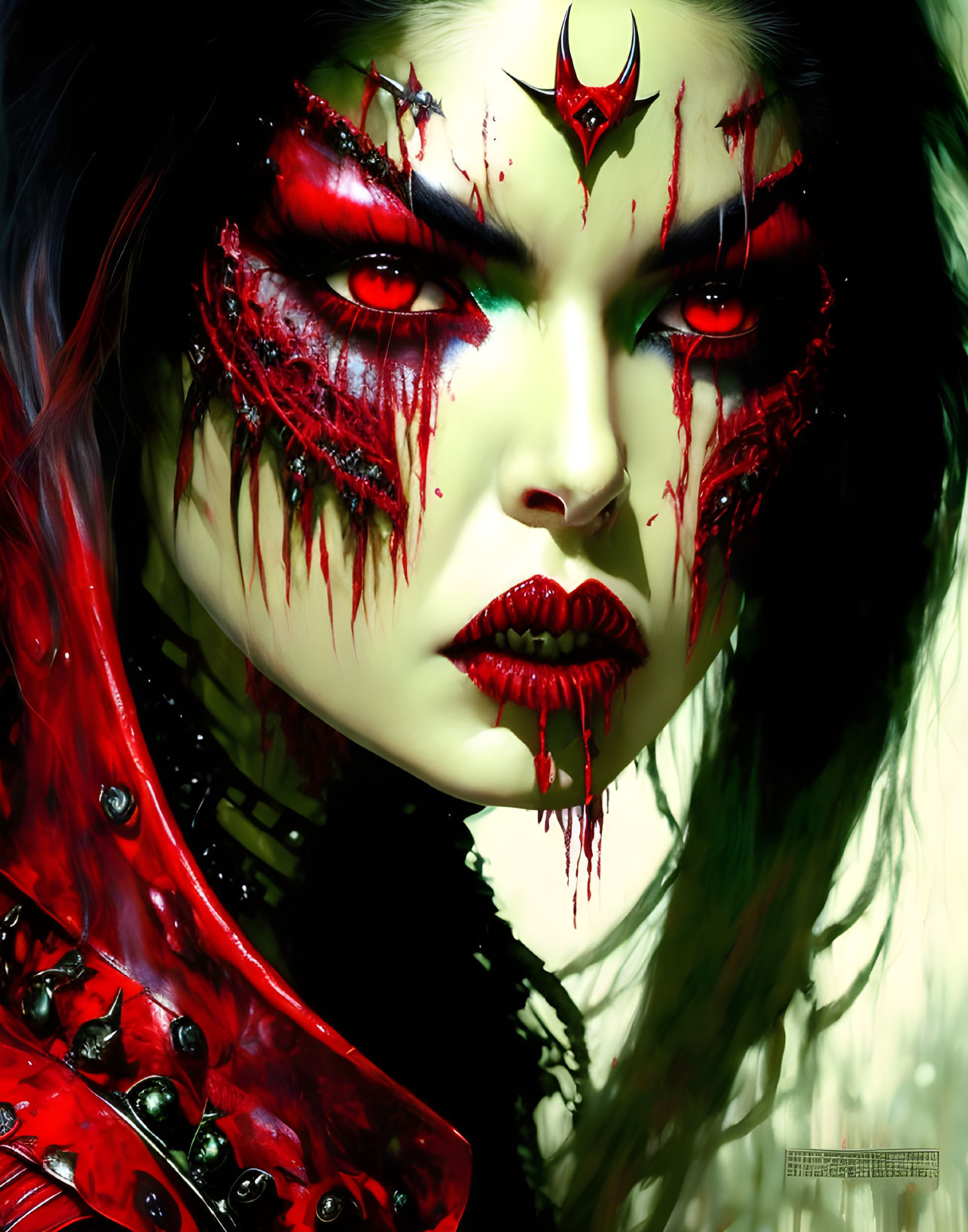 Dark digital artwork: fierce female with red eyes, bloody makeup, gothic armor.