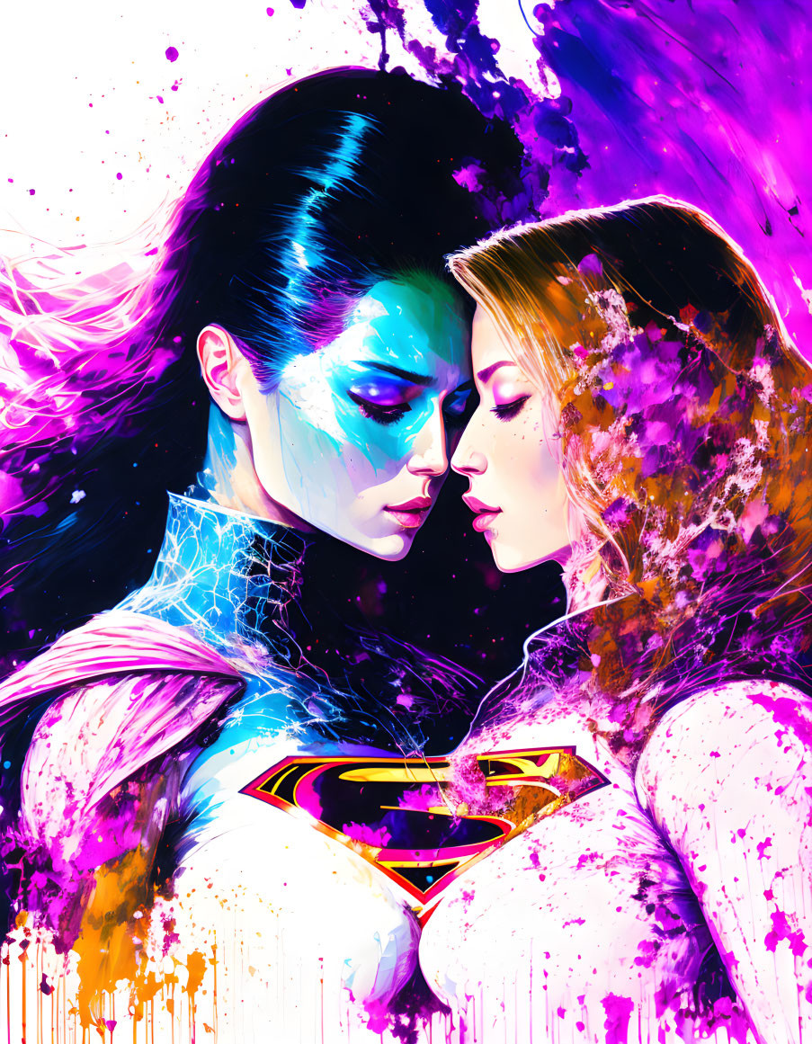 Vividly colored female superheroes in embrace with Superman 'S' logo