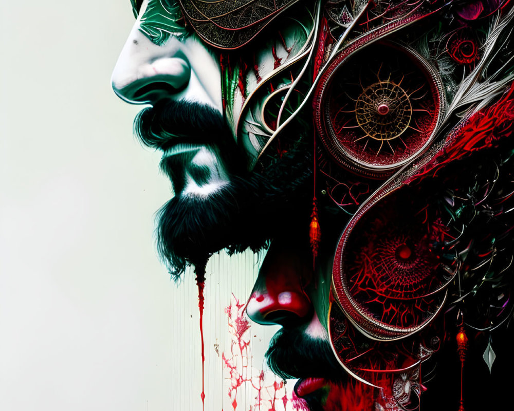 Intricate digital artwork: Bearded man's profile with ornate patterns