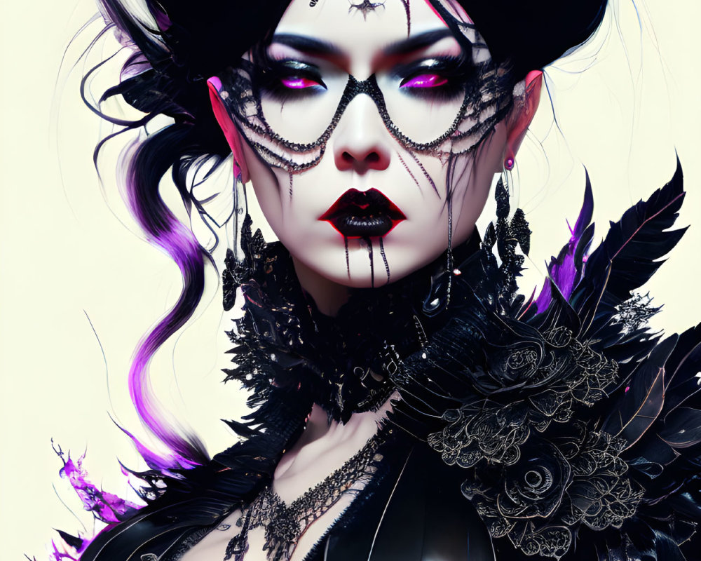 Gothic-style fantasy character with dark makeup and elaborate black headwear