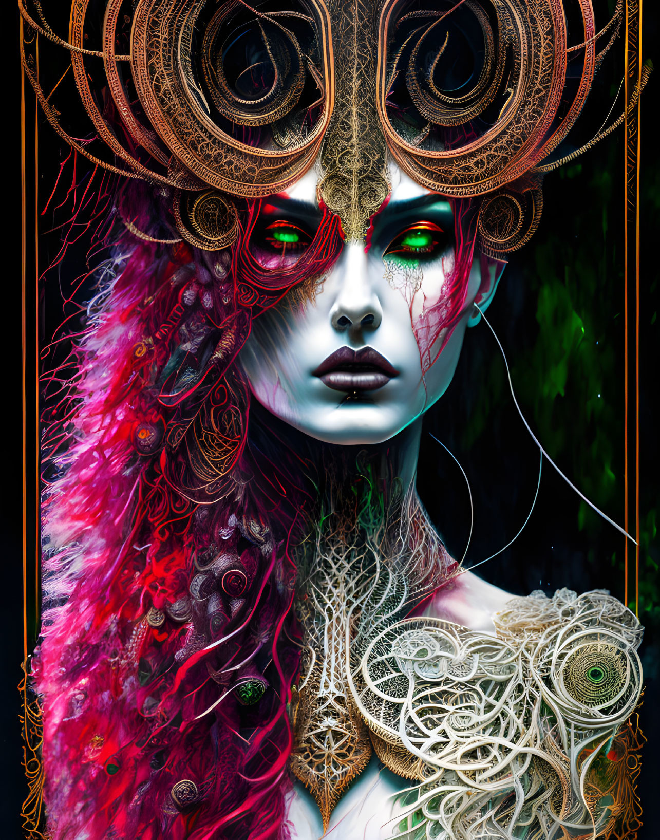 Fantasy artwork: Blue-skinned female with pink hair and copper mask