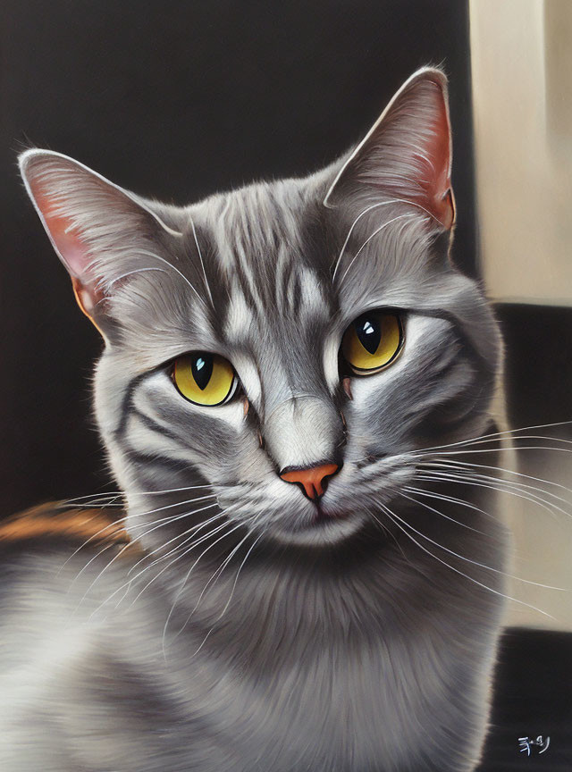 Realistic Grey Cat Painting with Yellow Eyes