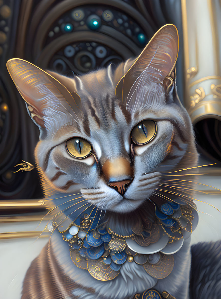 Regal feline digital art: amber-eyed cat with gold and blue jewelry on mechanical backdrop