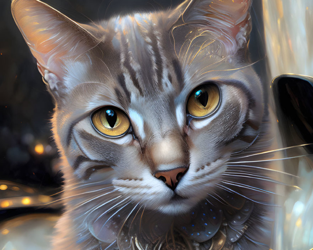 Detailed digital painting of a cat with amber eyes and ornate collar