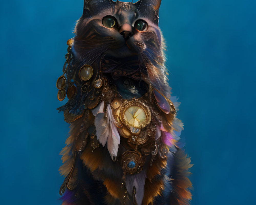 Steampunk-themed regal cat with gears and feathers on blue background