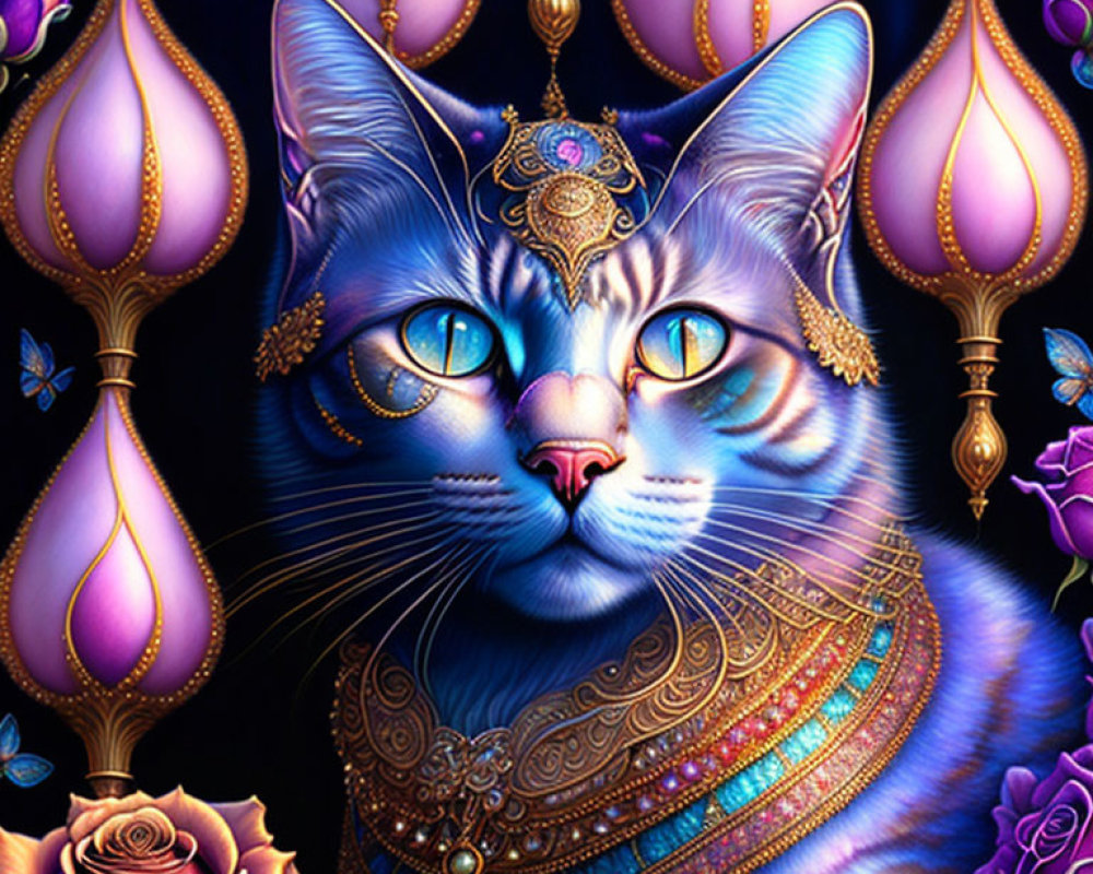 Majestic blue cat with ornate jewels in enchanting setting