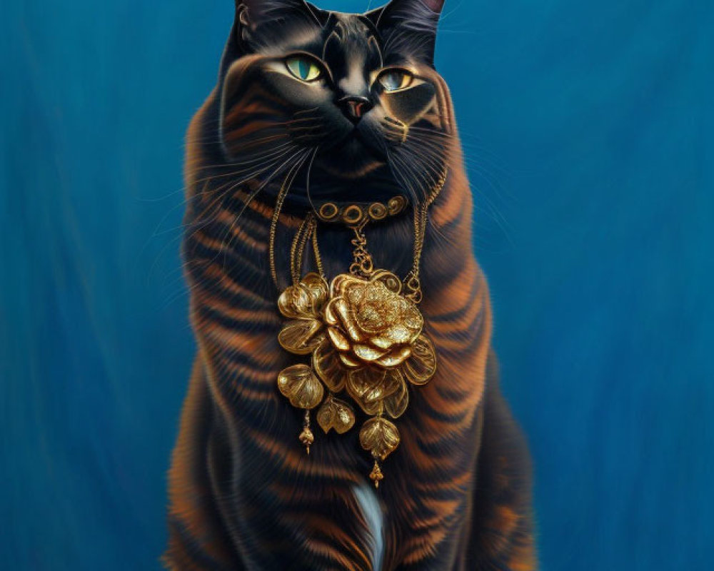 Digital Artwork: Black Tabby Cat with Gold Necklace on Blue Background