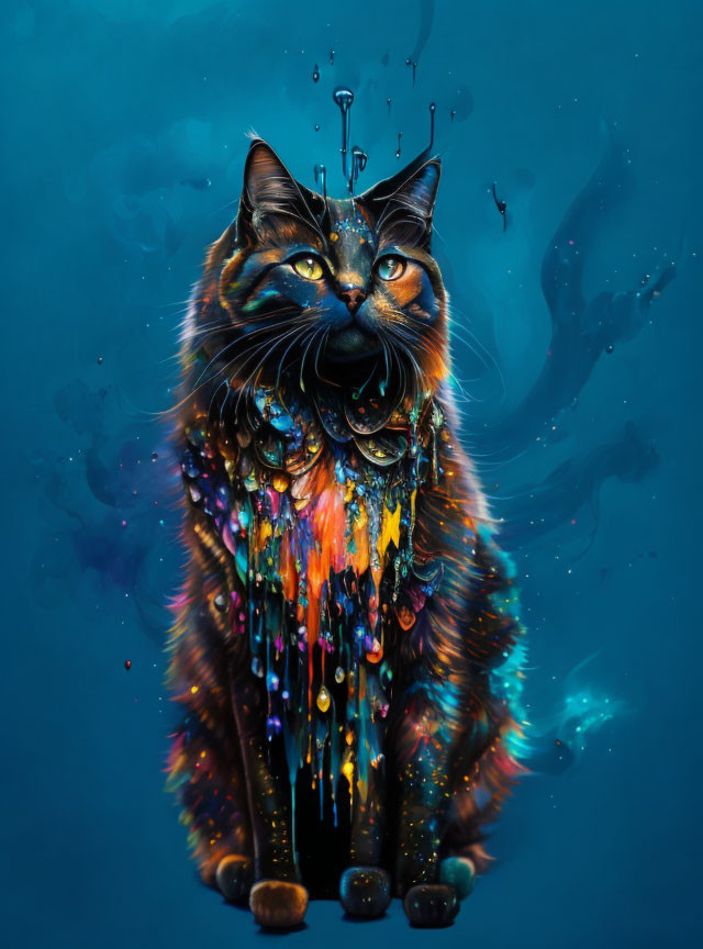 Colorful Melting Cat Artwork on Dark Blue Background