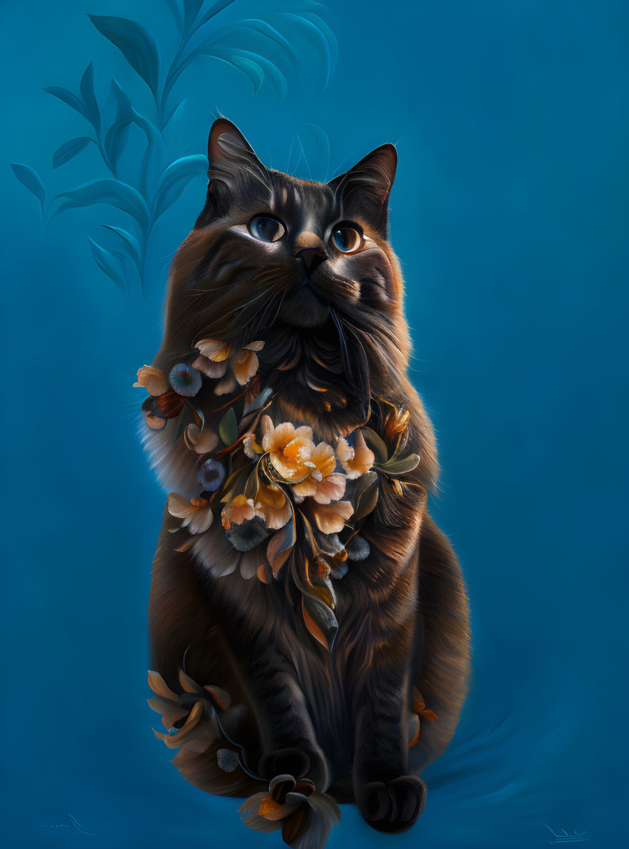 Long-haired dark cat with orange flower garland on blue background