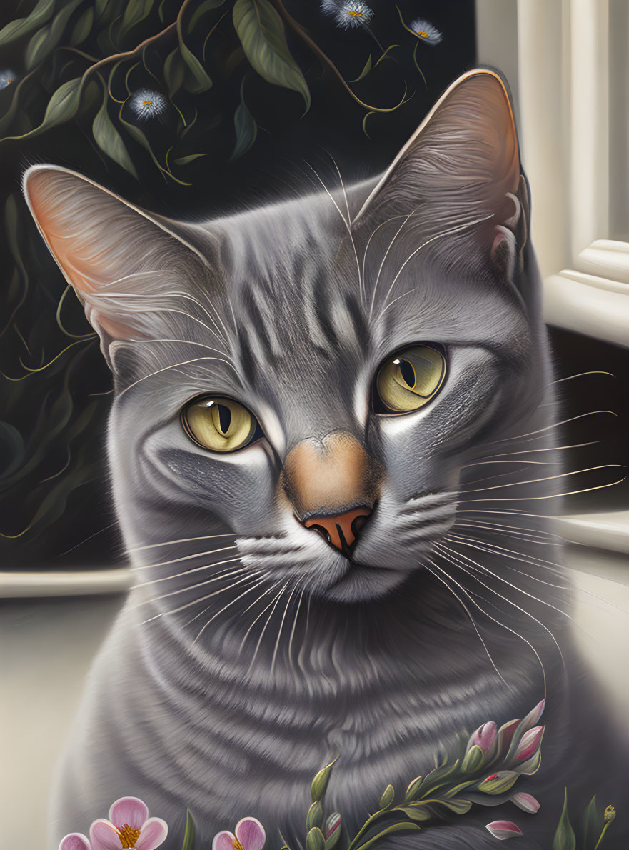 Grey Tabby Cat with Yellow Eyes and Pink Nose in Floral Background