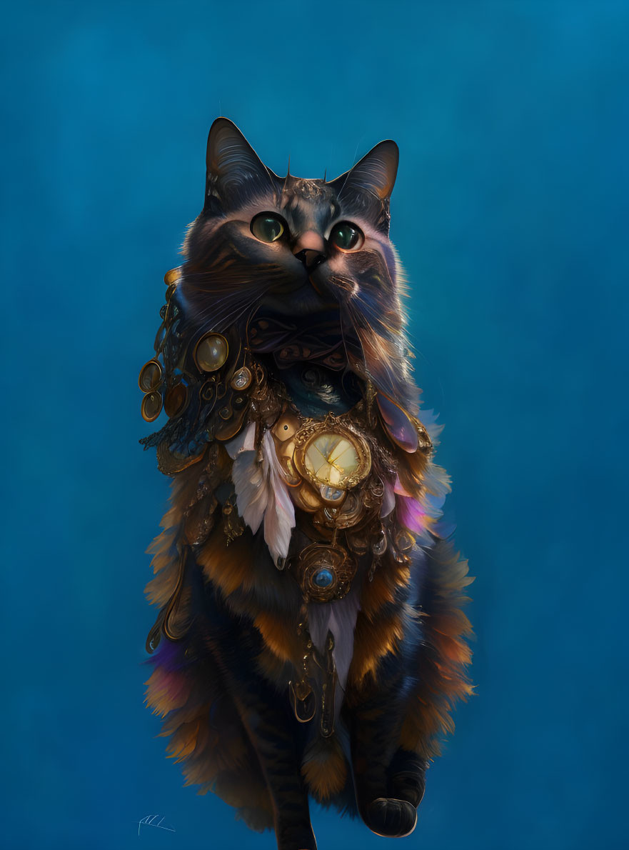 Steampunk-themed regal cat with gears and feathers on blue background