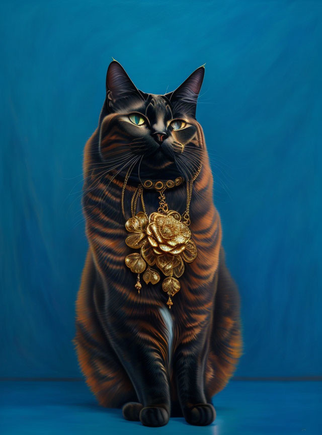 Digital Artwork: Black Tabby Cat with Gold Necklace on Blue Background