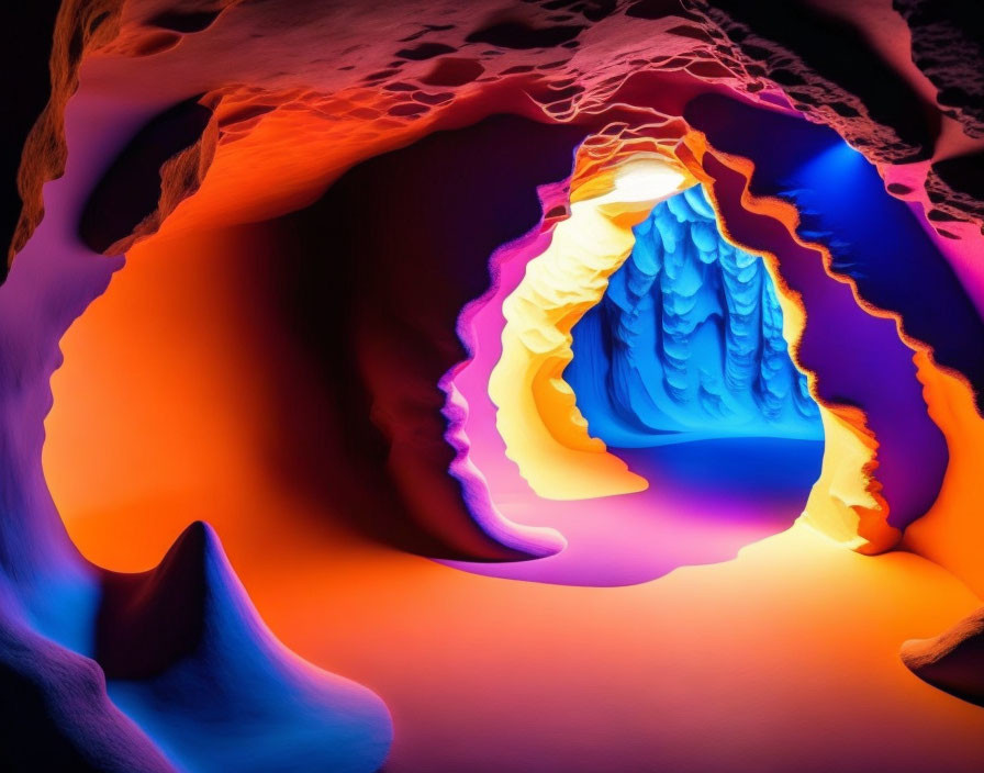 Colorful Cave Interior with Orange, Purple, and Blue Rock Formations