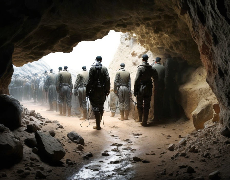 Military soldiers in uniform walking through cave towards light.